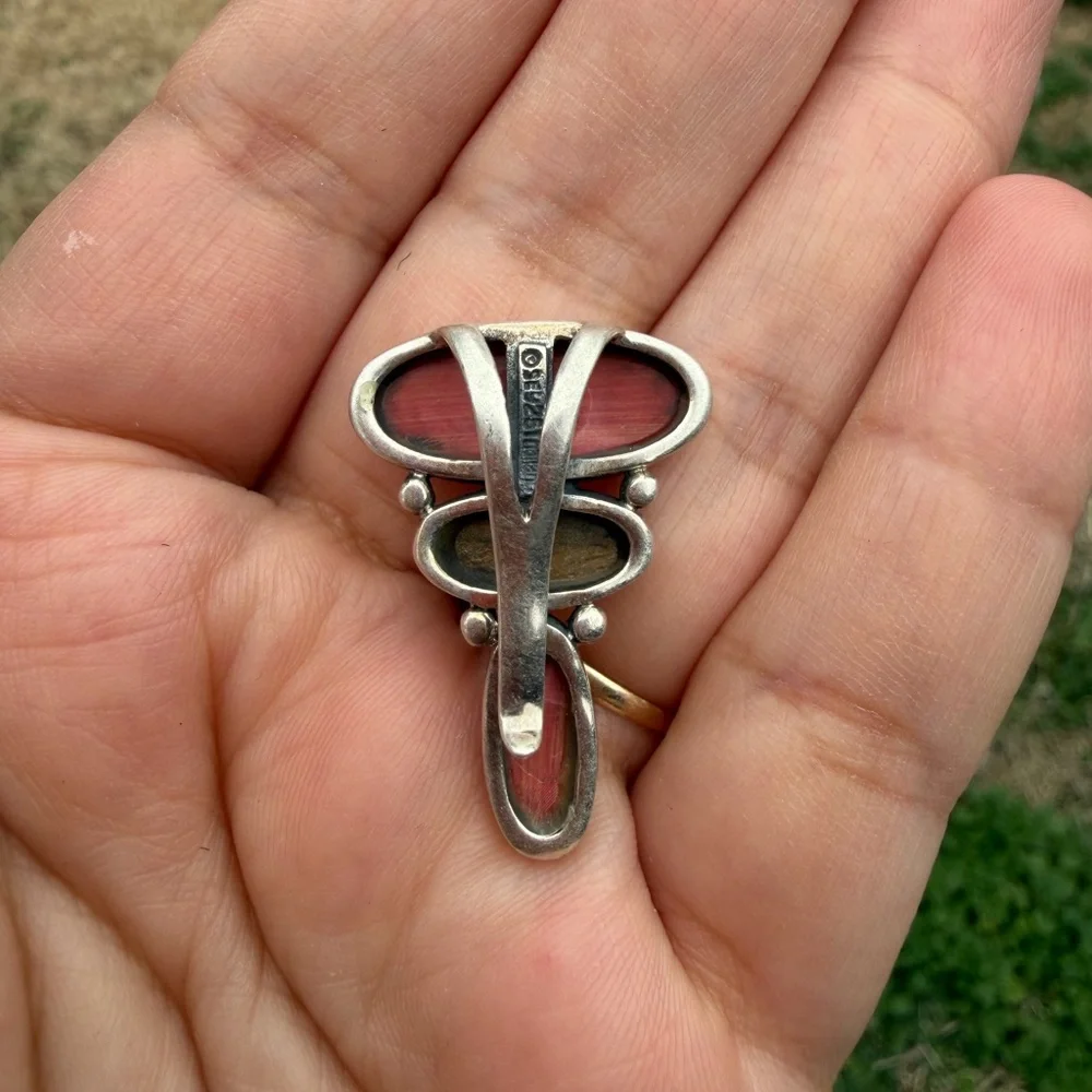 925 Sterling Silver Natural Rose Rhodonite and Tiger Eye Gemstone Brooch